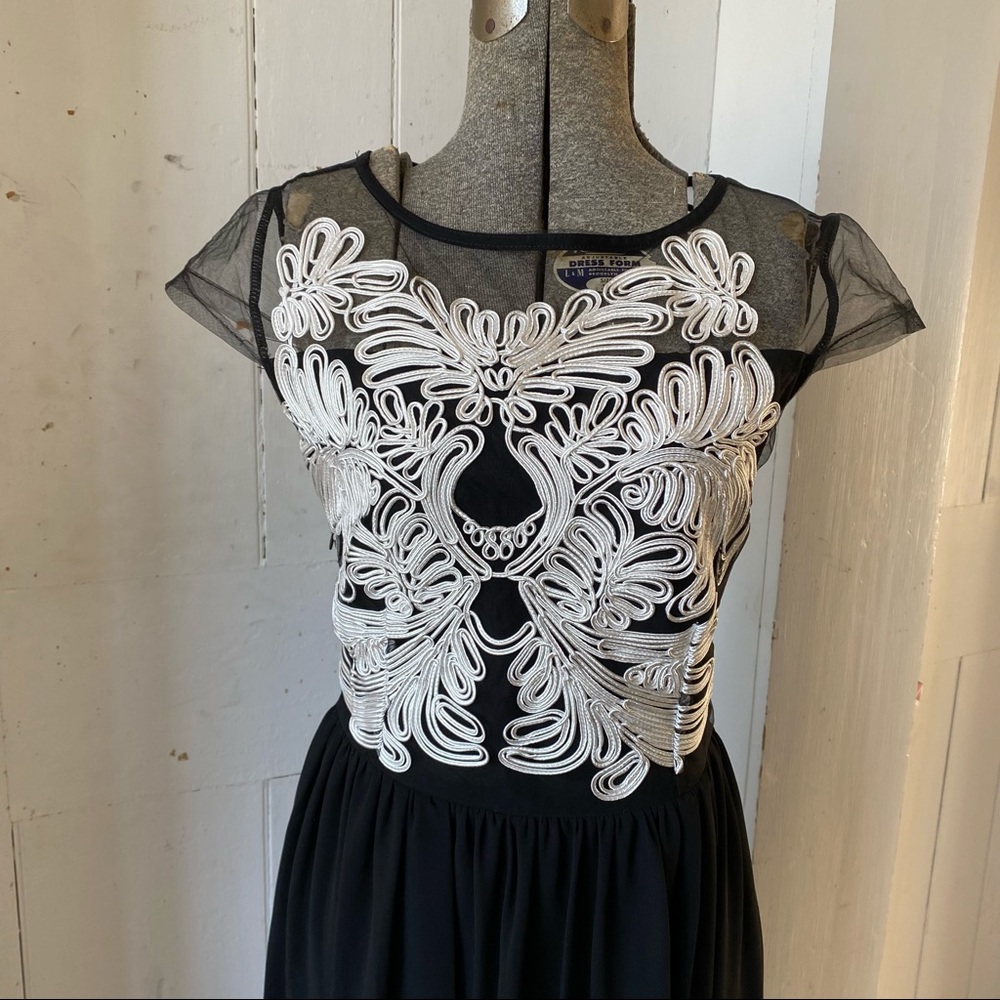 L&X Black Shear Chiffon White Soutache MIDI Dress - Picture 3 of 14